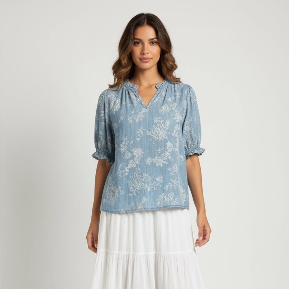 Westbound Light Blue Floral Peasant Blouse